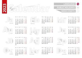 calendrier pour l'année 2023 en anglais, calendrier vectoriel gris