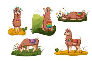 lama, ensemble de dessins animés d'animaux d'alpaga du pérou. lama mignon vecteur