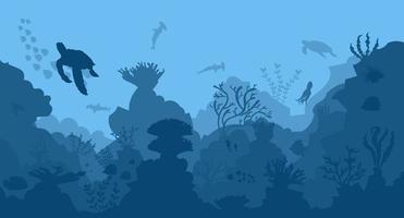 silhouette de récif corallien avec des poissons sur fond de mer bleue illustration vectorielle sous-marine vecteur