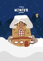 le toit d'une maison enneigée du village. bâtiment recouvert de neige, vue sur le village d'hiver. paysage de village avec chutes de neige, blizzard et froid, atmosphère de noël maison enneigée. vecteur