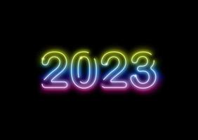 2023 nouvel an enseigne au néon coloré brillant sur isolé sur fond noir. illustration vectorielle bannière de signe réaliste de néon de bonne année, design de mode de saison vecteur