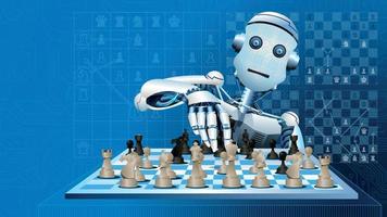 robot blanc en forme d'homme jouant à un jeu d'échecs, déplaçant une pièce noire du plateau sur fond bleu avec des stratégies d'échecs. notion d'intelligence artificielle. image vectorielle vecteur