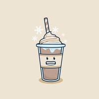 milk-shake au chocolat congelé froid dans une tasse à emporter avec illustration de garniture de crème fouettée. café glacé frappé dans une tasse en plastique illustration mascotte personnage de dessin animé vecteur