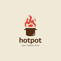 icône du logo du restaurant hot pot de cuisine avec un grand pot et un symbole de flamme de feu rouge vecteur