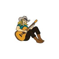 la jolie cow-girl assise jouant de la guitare contour logo illustration vectorielle vecteur
