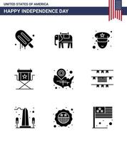 joyeux jour de l'indépendance 9 pack d'icônes de glyphes solides pour le web et l'impression usa carte officier films de télévision modifiables usa day vector design elements