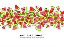 motif de bordure sans soudure de vecteur avec des tranches de pastèque. arrière-plan horizontal répétable coloré dessiné à la main. fruits d'été avec fond de graines.