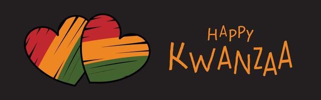 Happy kwanzaa longue bannière horizontale avec symbole de coeur avec trait dessiné à la main, 3 bandes couleurs du drapeau africain, logo texte simpe. conception de modèle de vecteur de célébration du patrimoine africain