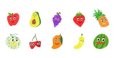 définir une collection d'icônes de personnages de fruits mignons. style de vecteur de dessin animé. fond blanc. concept de fruits, de nourriture, adapté à l'illustration de livres pour enfants, au modèle, au motif, à la mascotte, à l'autocollant, etc.