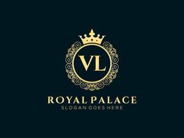 lettre vl logo victorien de luxe royal antique avec cadre ornemental. vecteur