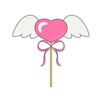 sucette mignon coeur rose avec des ailes et un arc dans un style rétro groovy vecteur