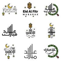 joyeux de l'aïd pack de 9 cartes de voeux eid mubarak avec des étoiles brillantes en calligraphie arabe festival de la communauté musulmane vecteur