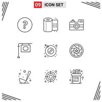 aperçu de l'interface mobile ensemble de 9 pictogrammes d'éléments de conception vectoriels modifiables de panneau de signalisation de caméra de disque multimédia vecteur