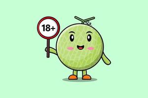 melon de dessin animé mignon tenant 18 plus panneau de signalisation vecteur