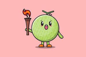 illustration de dessin animé mignon de melon tenir la torche de feu vecteur