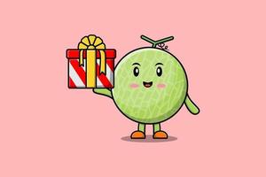 personnage de dessin animé mignon melon tenant une boîte cadeau vecteur