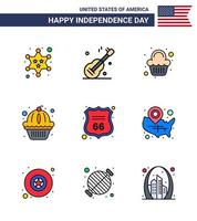 usa independance day plat rempli ligne ensemble de 9 pictogrammes usa de bouclier gâteau gâteau états américains modifiables usa day vector design elements