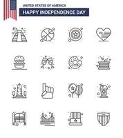 16 usa ligne signes fête de l'indépendance célébration symboles de manger drapeau hommes coeur américain modifiable usa jour vecteur éléments de conception