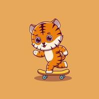 tigre mignon jouant au dessin animé de planche à roulettes vecteur