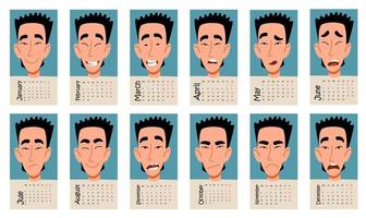 calendrier pour 2023 avec des émotions amusantes d'un personnage masculin asiatique. illustration vectorielle d'un design plat. vecteur