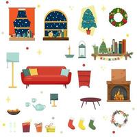 ensemble de design d'intérieur de vacances coloré dans les chambres de la maison avec des icônes de meubles. vecteur