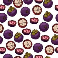 modèle sans couture de mangoustan, fruit violet vif avec un coeur juteux, entier et demi sur fond blanc vecteur