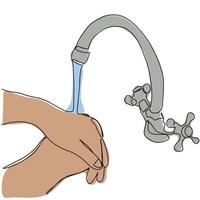 dessin continu d'une ligne d'icône de lavage des mains, signe vectoriel de contour lavage des mains sous le robinet, pictogramme de style linéaire isolé sur blanc. symbole d'hygiène
