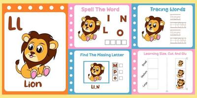 pack de feuilles de travail pour les enfants avec lion. apprentissage amusant pour les enfants vecteur