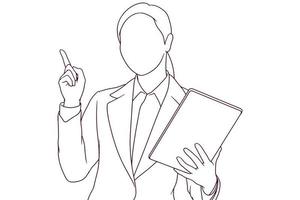 femme d'affaires avec tablette pointant illustration vectorielle de style dessiné à la main vecteur