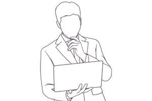 jeune homme d'affaires avec ordinateur portable illustration vectorielle de style dessiné à la main vecteur
