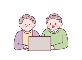grand-père et grand-mère apprennent l'informatique. esquisser une illustration vectorielle simple. vecteur