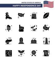 joyeux jour de l'indépendance usa pack de 16 glyphes solides créatifs de nourriture argent froid usa footbal modifiable usa day vector design elements