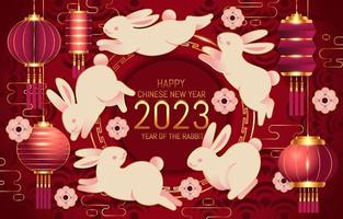 nouvel an avec des lanternes rouges et des lapins vecteur