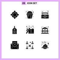 pack de glyphes solides de 9 symboles universels des éléments de conception vectoriels modifiables de l'étiquette cadeau saint de la boîte actuelle vecteur