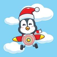 pingouin mignon portant bonnet de noel volant avec avion. illustration de dessin animé de noël mignon. vecteur