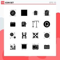 interface mobile ensemble de glyphes solides de 16 pictogrammes d'arrêt d'enregistrement de calendrier éléments de conception vectoriels modifiables d'identification d'utilisateur de document vecteur