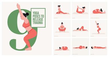 poses de yoga pour les traumatismes de libération. jeune femme pratiquant la pose de yoga. fitness d'entraînement de femme, aérobie et exercices. vecteur