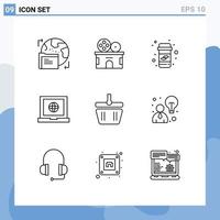 contour de l'interface mobile ensemble de 9 pictogrammes d'éléments de conception vectoriels modifiables de globe web de calcium de panier de mise en forme vecteur