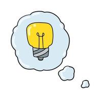 ampoule. nuage de bulles avec pensées et idée. esprit et lampe électrique. illustration de griffonnage dessiné à la main vecteur