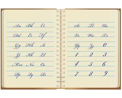 cahier avec des lettres écrites de l'alphabet anglais et des chiffres vecteur