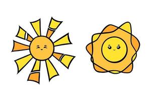 jolis soleils aux yeux pleins de joie. soleil jaune visages souriants dans un style doodle. illustration vectorielle noir et blanc vecteur