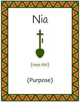 une carte avec l'un des principes du kwanzaa. symbole nia signifie but en swahili. affiche avec un motif ethnique africain aux couleurs traditionnelles. illustration vectorielle vecteur