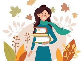 étudiant positif avec des livres sur fond de feuilles. illustration vectorielle à la mode vecteur