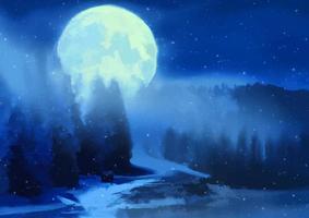 paysage d'hiver de noël peint à la main avec un ciel au clair de lune vecteur