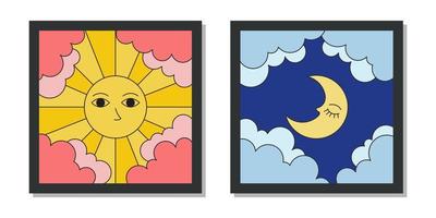 ensemble d'art mural minimal soleil lune avec contour noir isolé sur fond blanc vecteur