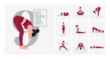postures de yoga du chakra racine. jeune femme pratiquant la pose de yoga. fitness d'entraînement de femme, aérobie et exercices. vecteur