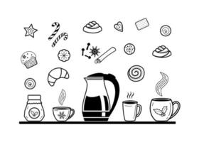grand ensemble d'éléments de boissons chaudes et de desserts. icônes de ligne liées au café, au thé et au dessert. théières et tasses à thé éléments vectoriels pour cartes de voeux, affiches, autocollants, design saisonnier. isolé sur blanc vecteur