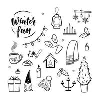 grand ensemble d'éléments confortables de style de vie hygge. plaisir d'hiver. éléments d'hiver pour cartes de voeux, affiches, autocollants et design saisonnier. isolé sur fond blanc. décorations de Noël vecteur