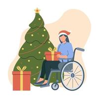 femme en fauteuil roulant habillée en père noël tenant une boîte-cadeau. les personnes handicapées célèbrent noël près de l'arbre de noël. opportunités égales. inclusivité. illustration vectorielle vecteur