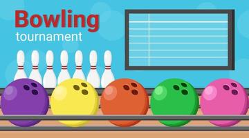 dépliant de vecteur de tournoi de bowling. bannière horizontale avec des boules de bowling colorées et des épingles près du bowling